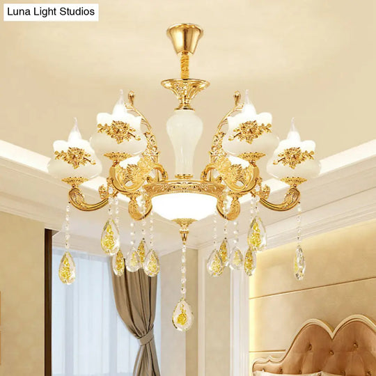 Gold Faux Jade Ceiling Chandelier For Living Room - Flowerbud Simplicity Lighting Fixture