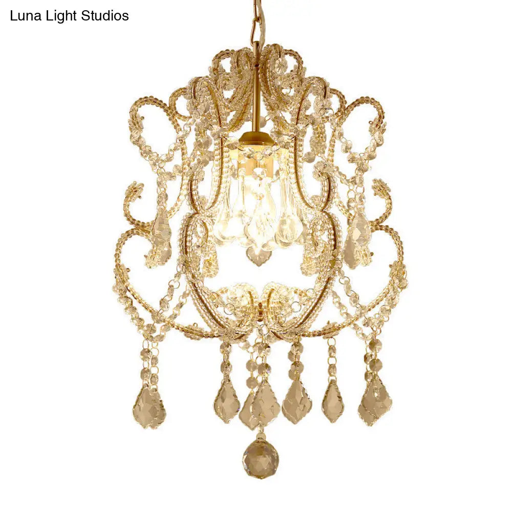 Gold Finish 1-Light Suspension Traditional Crystal Beaded Pendant Lamp