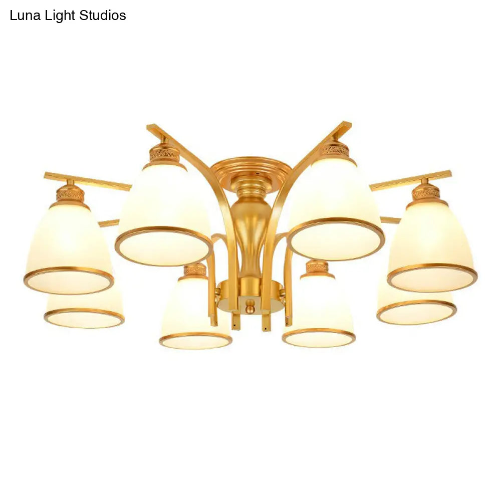 Gold Finish Bell Chandelier With Opal Glass Ceiling Mounted Light For Traditional Bedroom Décor