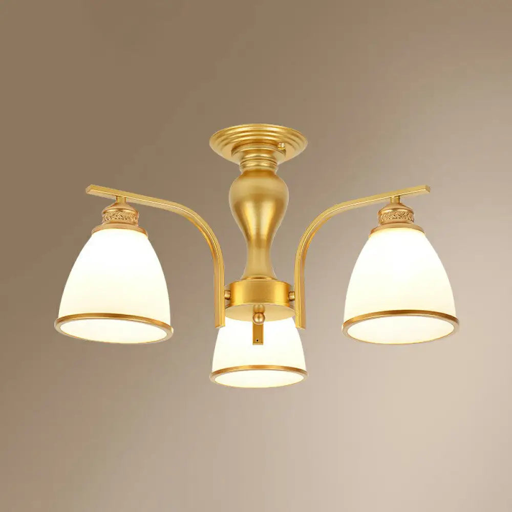 Gold Finish Bell Chandelier With Opal Glass Ceiling Mounted Light For Traditional Bedroom Décor 3 /