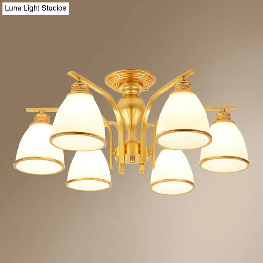 Gold Finish Bell Chandelier With Opal Glass Ceiling Mounted Light For Traditional Bedroom Décor 6 /