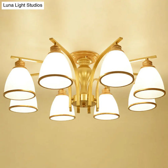 Gold Finish Bell Chandelier With Opal Glass Ceiling Mounted Light For Traditional Bedroom Décor