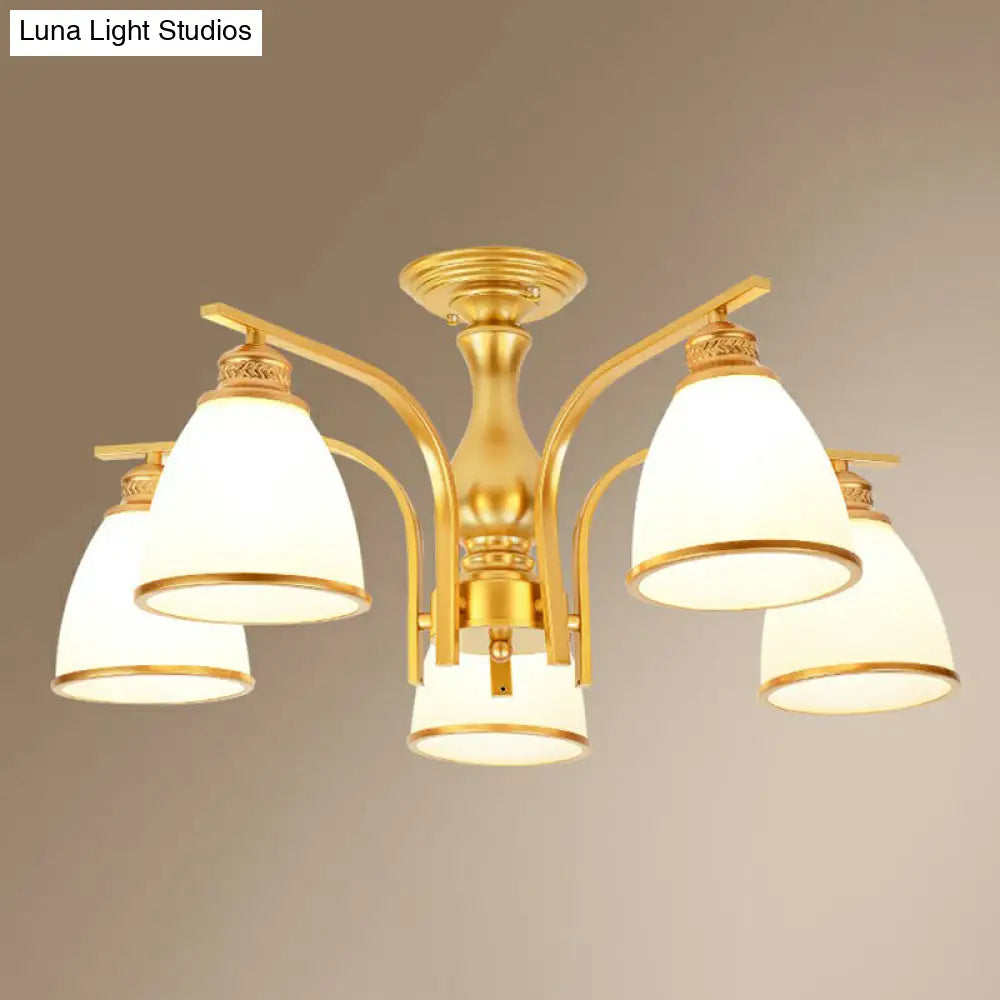 Gold Finish Bell Chandelier With Opal Glass Ceiling Mounted Light For Traditional Bedroom Décor 5 /