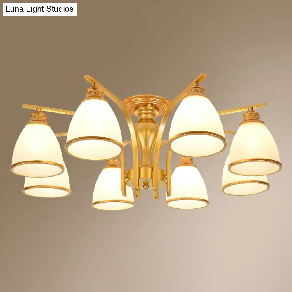 Gold Finish Bell Chandelier With Opal Glass Ceiling Mounted Light For Traditional Bedroom Décor 8 /