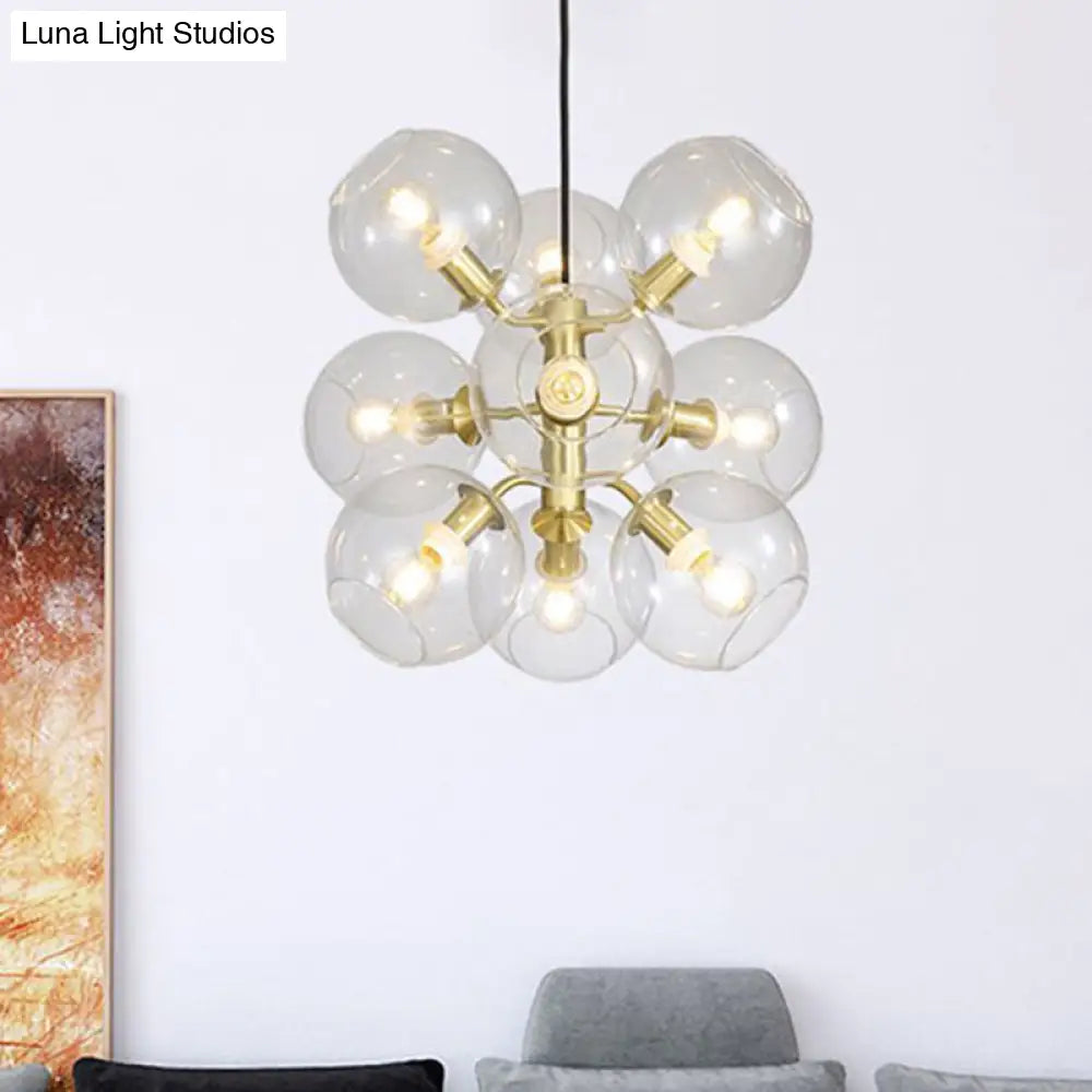 Gold Finish Clear Glass Grape Mini Chandelier With 9 Heads - Post Modern Ceiling Drop Light