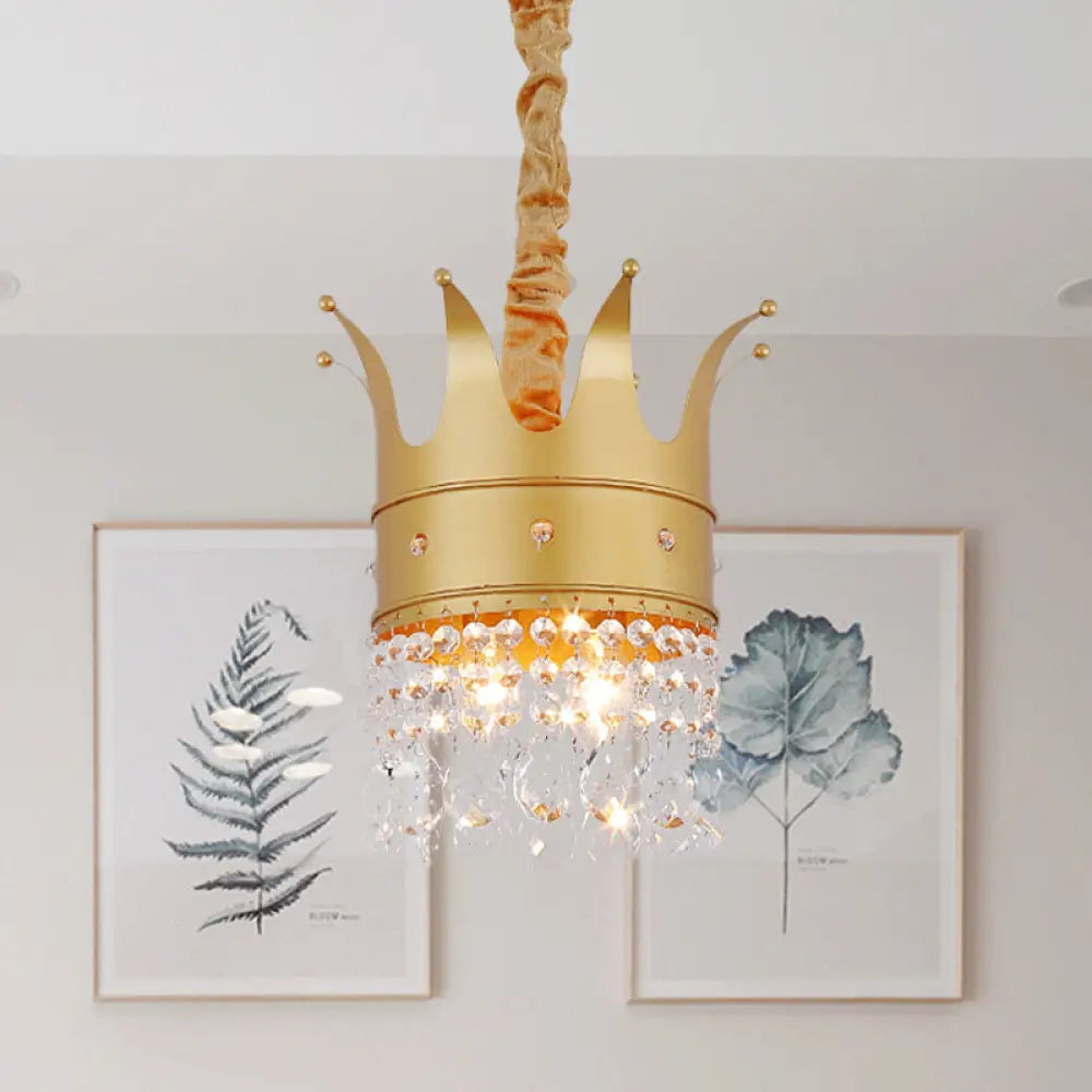 Gold Finish Crown Ceiling Chandelier - Kids 2/4/5 Bulbs Metal Suspension Light With Crystal Accent 2