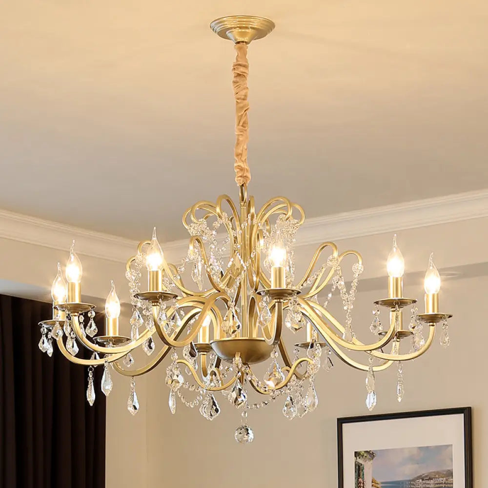 Gold Finish Crystal Chandelier Light: Elegant Dining Room Lighting Fixture 10 / Shadeless