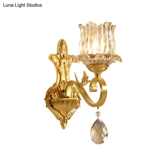 Gold Finish Crystal Wall Sconce: Traditional 1-Light Flower Lighting With Curved Arm