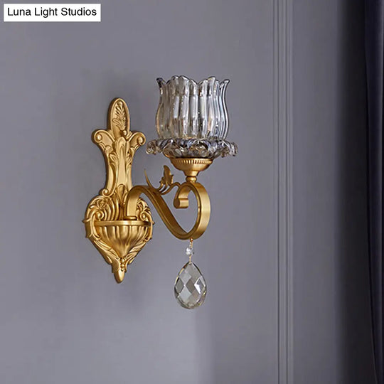 Gold Finish Crystal Wall Sconce: Traditional 1-Light Flower Lighting With Curved Arm