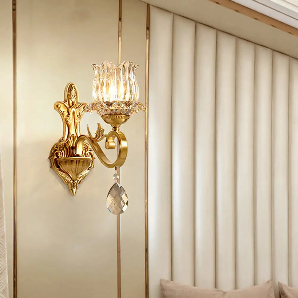 Gold Finish Crystal Wall Sconce: Traditional 1-Light Flower Lighting With Curved Arm