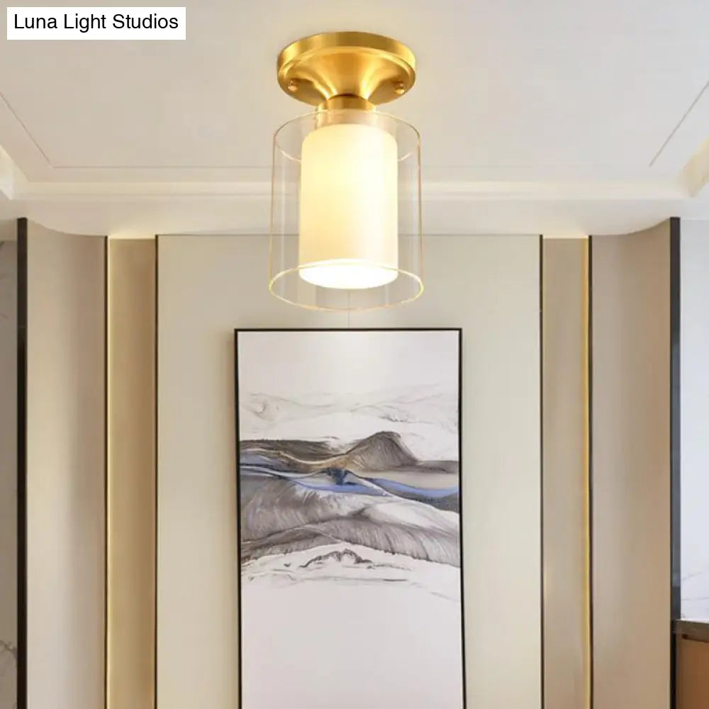 Gold Finish Cylindrical Semi Flush Ceiling Light - Glass Shade Simple 1-Bulb Semi-Flush Mount Ideal