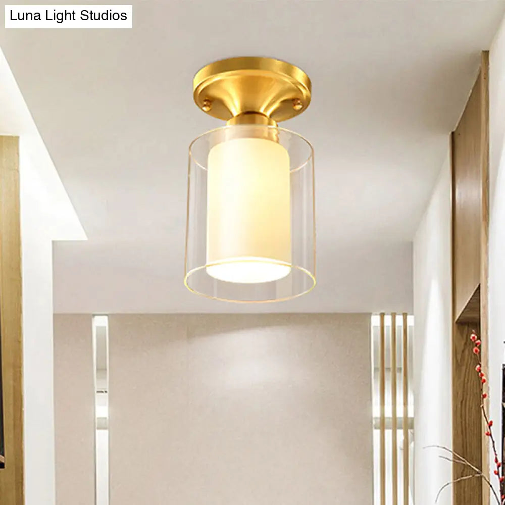 Gold Finish Cylindrical Semi Flush Ceiling Light - Glass Shade Simple 1-Bulb Semi-Flush Mount Ideal