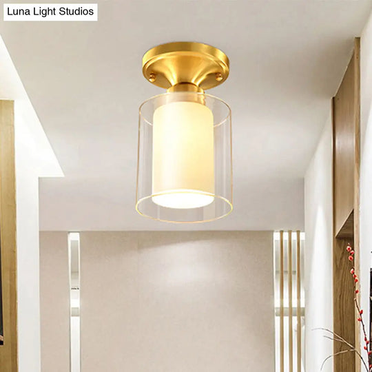 Gold Finish Cylindrical Semi Flush Ceiling Light - Glass Shade Simple 1-Bulb Semi-Flush Mount Ideal