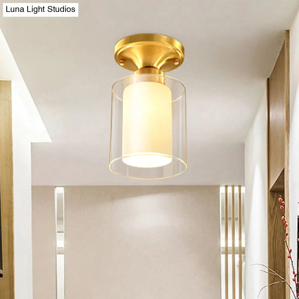 Gold Finish Cylindrical Semi Flush Ceiling Light - Glass Shade Simple 1 - Bulb Semi - Flush Mount