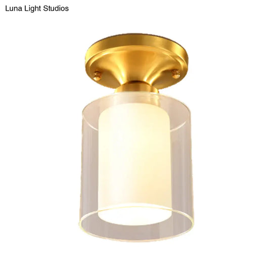 Gold Finish Cylindrical Semi Flush Ceiling Light - Glass Shade Simple 1 - Bulb Semi - Flush Mount