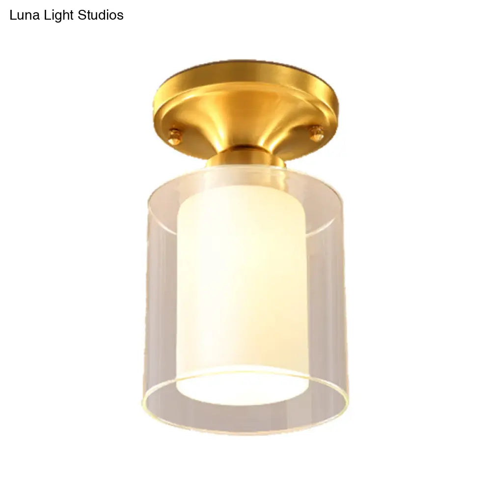 Gold Finish Cylindrical Semi Flush Ceiling Light - Glass Shade Simple 1-Bulb Semi-Flush Mount Ideal