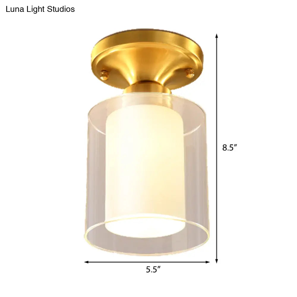 Gold Finish Cylindrical Semi Flush Ceiling Light - Glass Shade Simple 1 - Bulb Semi - Flush Mount