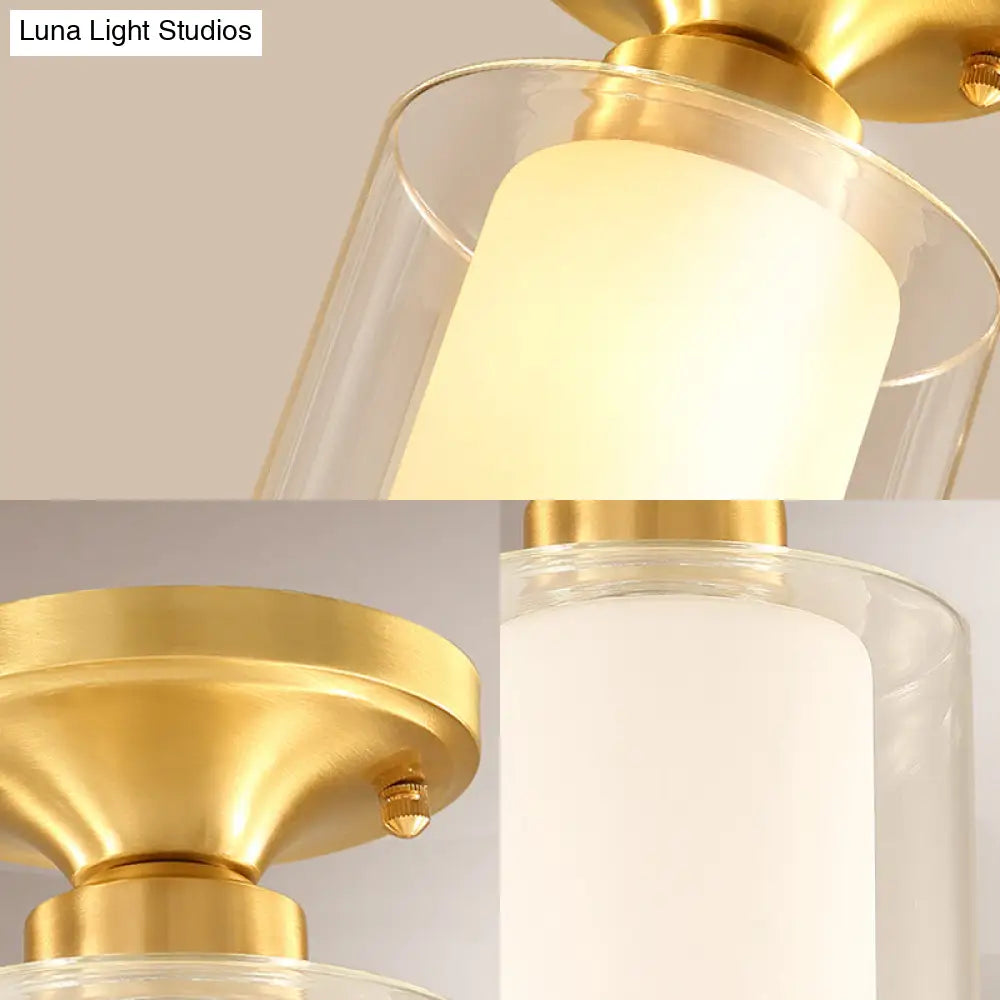 Gold Finish Cylindrical Semi Flush Ceiling Light - Glass Shade Simple 1 - Bulb Semi - Flush Mount