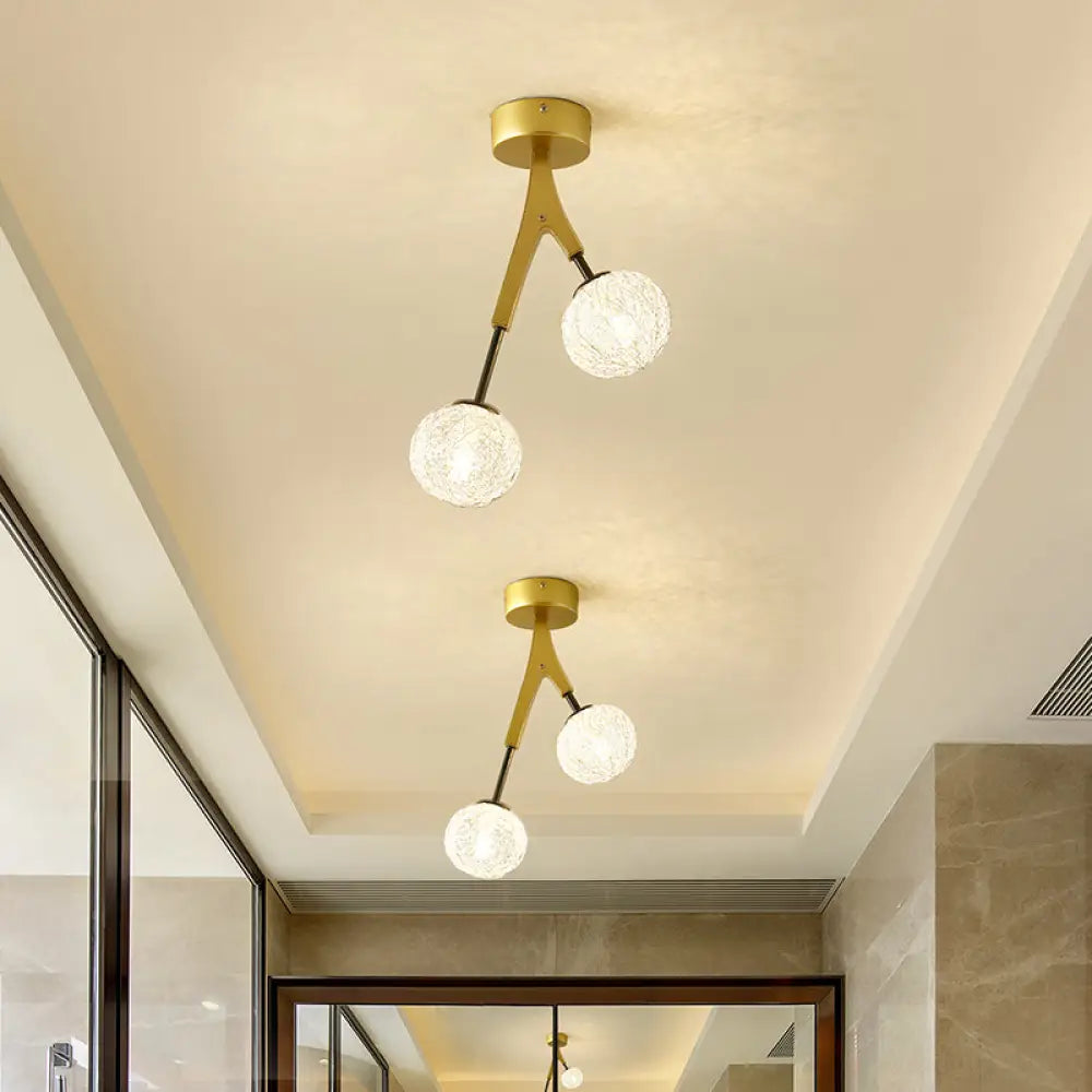 Gold Finish Handwoven Ball Semi Flush Light Fixture - Modern Ceiling Mount / A