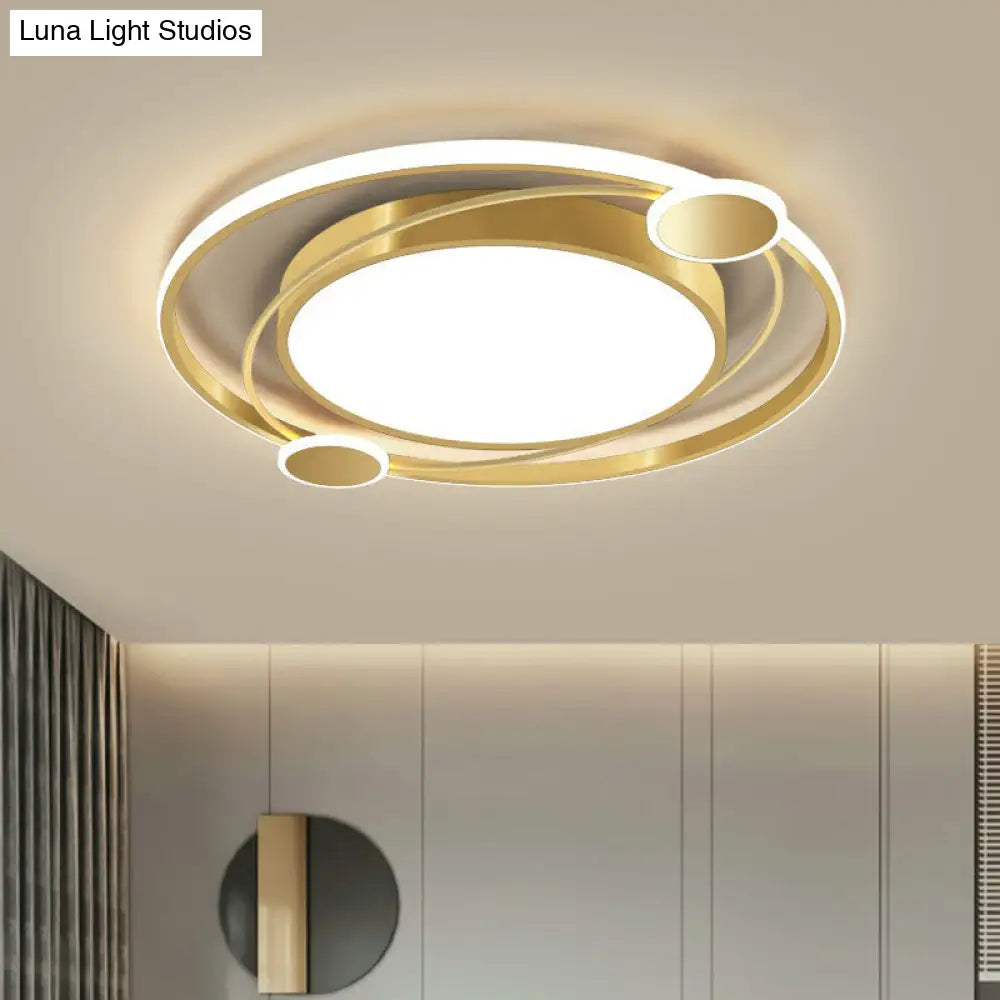 Gold Finish Led Ceiling Mount Lamp - Metal Circular Flush Light For Bedroom