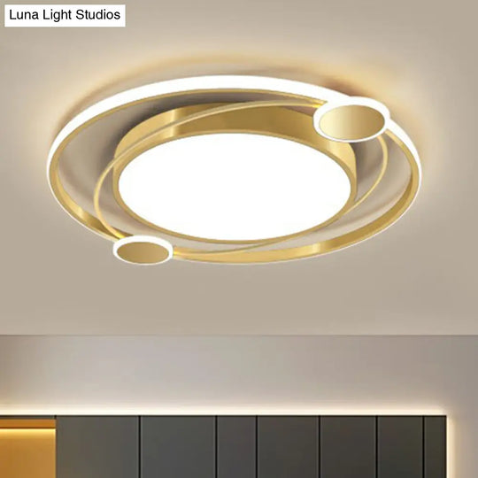 Gold Finish Led Ceiling Mount Lamp - Metal Circular Flush Light For Bedroom