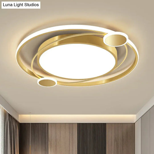 Gold Finish Led Ceiling Mount Lamp - Metal Circular Flush Light For Bedroom