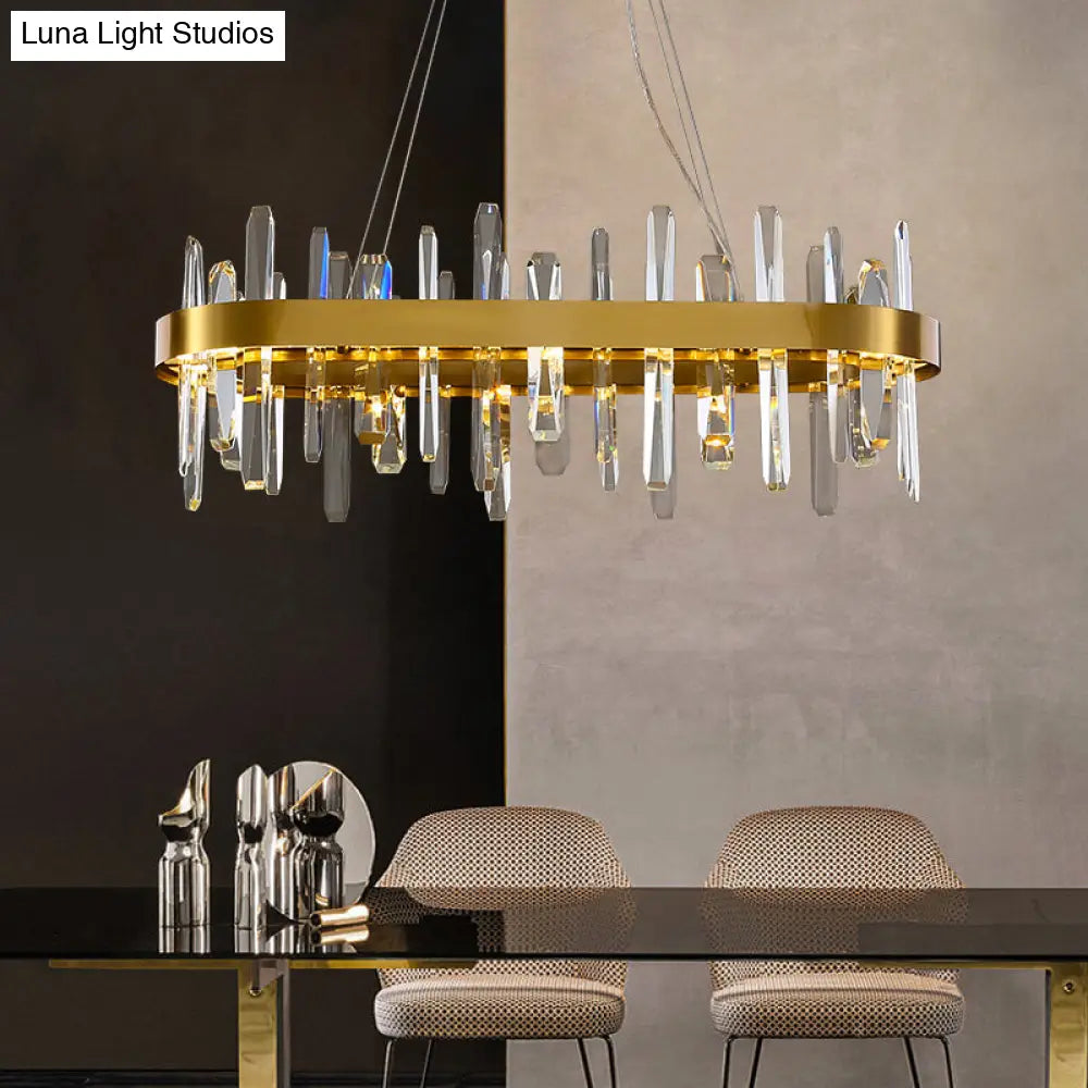 Gold Finish Led Pendant Chandelier With Crystal Icicles And Stainless Steel Loop Design