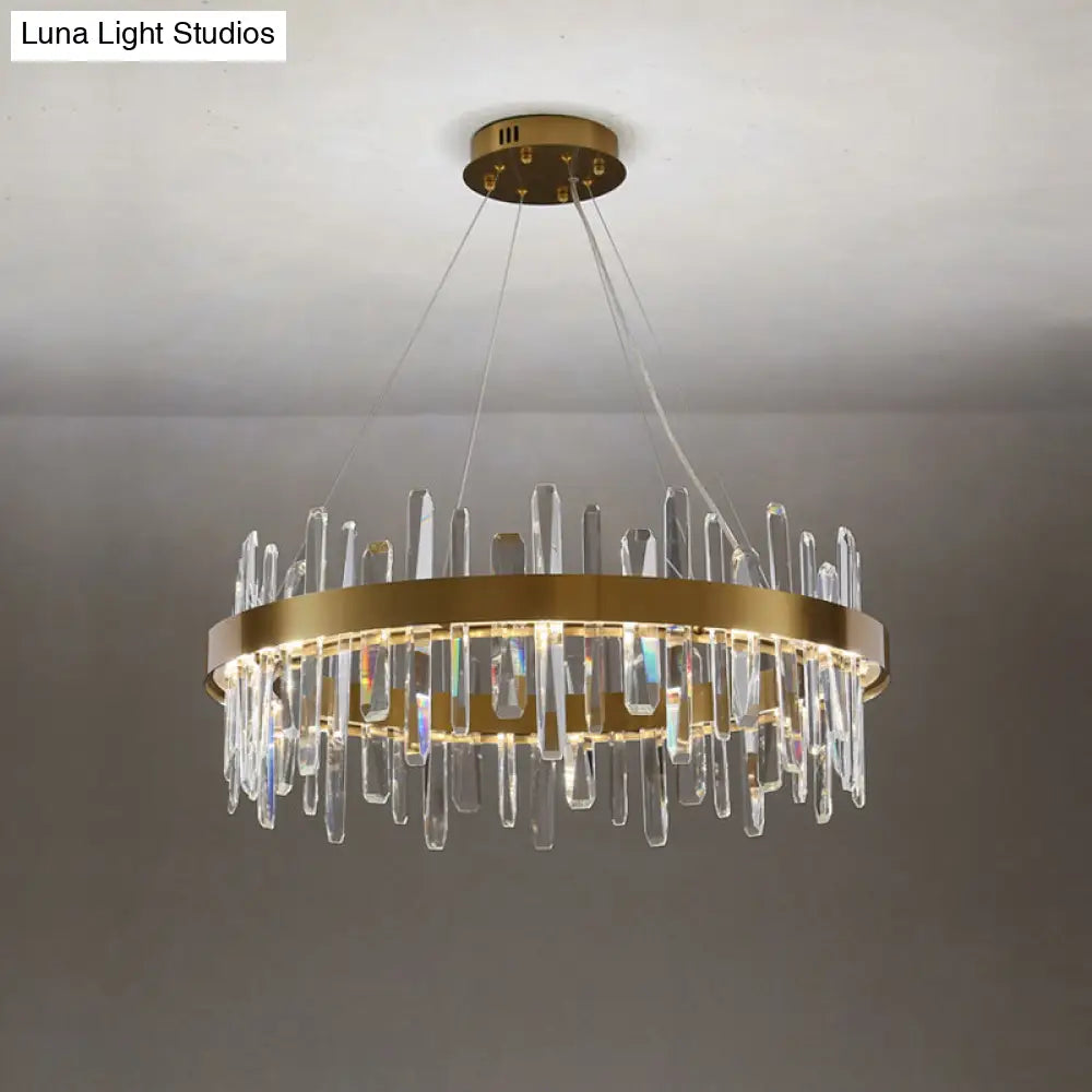 Gold Finish Led Pendant Chandelier With Crystal Icicles And Stainless Steel Loop Design