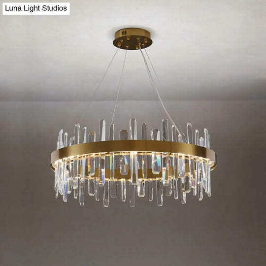 Gold Finish Led Pendant Chandelier With Crystal Icicles And Stainless Steel Loop Design