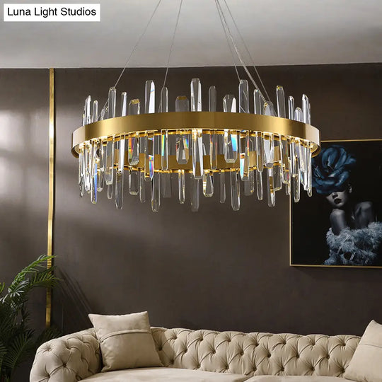 Gold Finish Led Pendant Chandelier With Crystal Icicles And Stainless Steel Loop Design