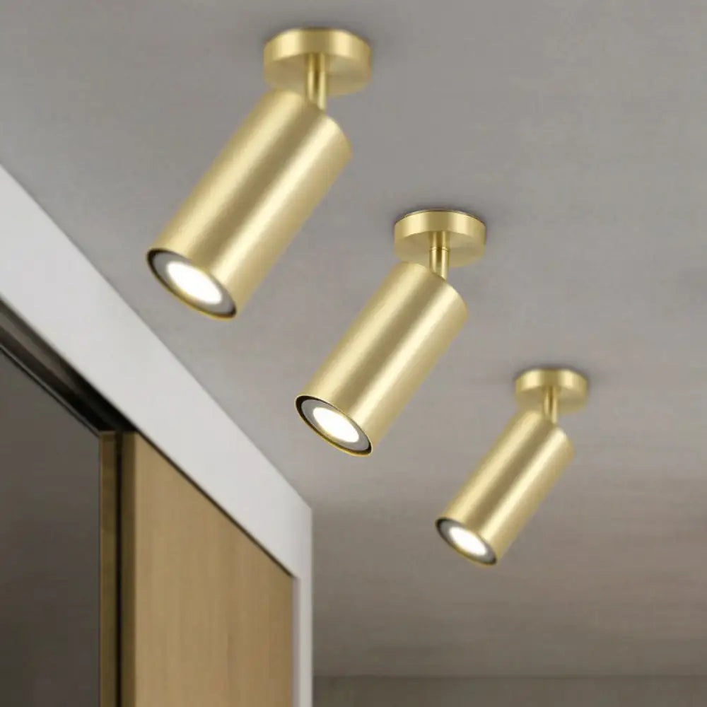 Gold Finish Led Spotlight Ceiling Light For Salon - Modern Metal Cylindrical Design Semi Flush Mount