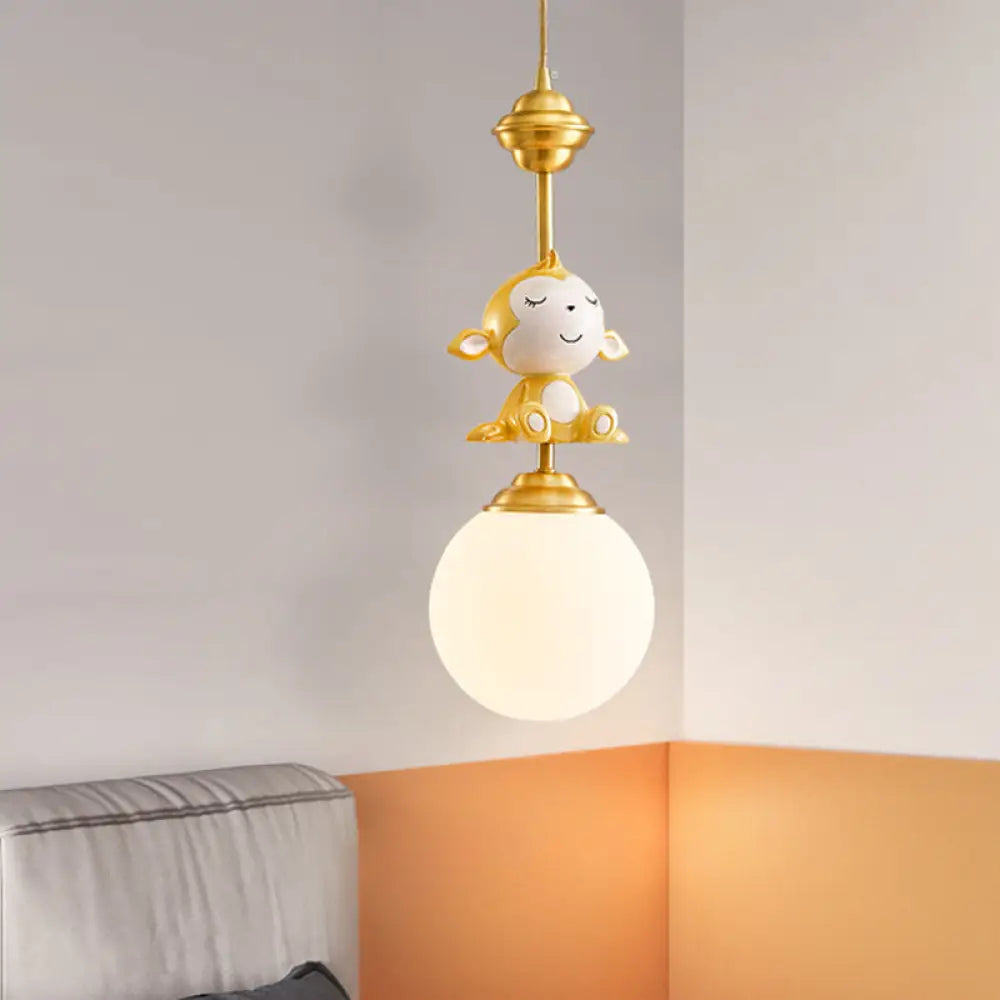 Gold Finish Monkey Pendulum Lamp With Frosted Glass Shade