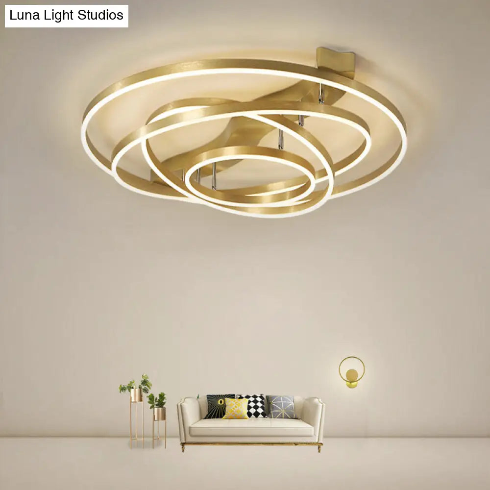 Gold Finish Ring Ceiling Mounted Led Semi Flush Light With Artistic Metal Detailing