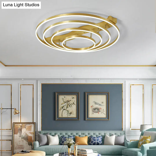 Gold Finish Ring Ceiling Mounted Led Semi Flush Light With Artistic Metal Detailing