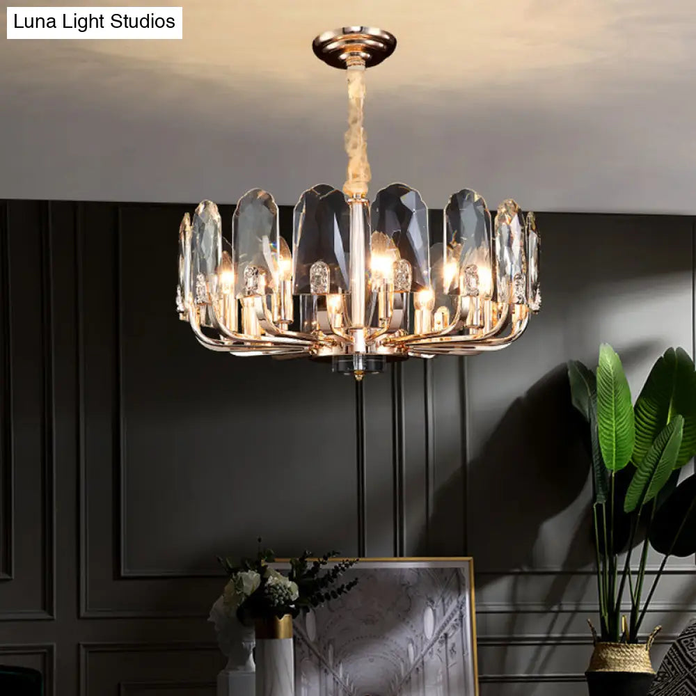 Gold Finish Round Pendant Light With Crystal Panels - Modern Chandelier For Living Room