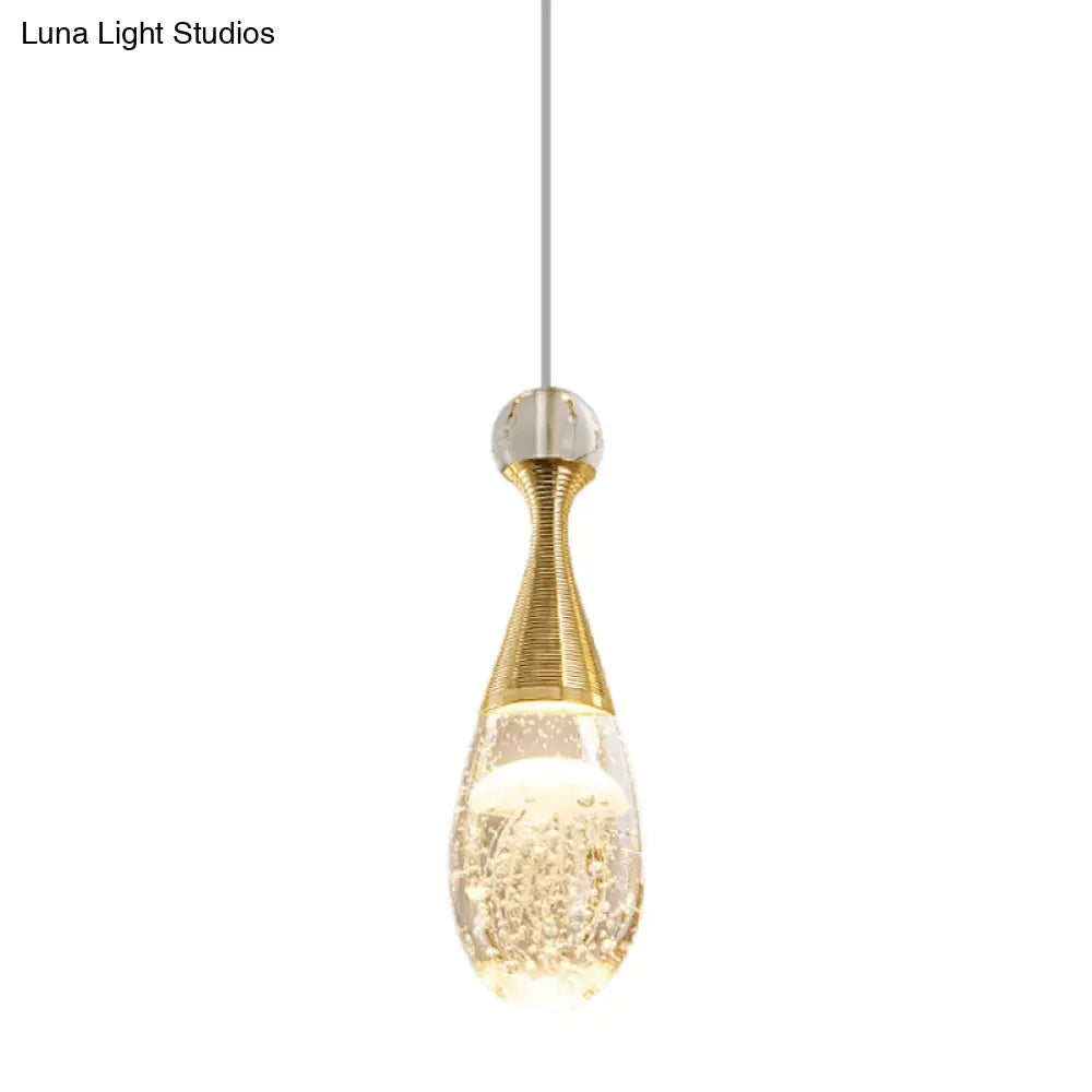 Gold Finish Teardrop Pendant Light With Clear Crystal And Led