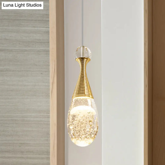 Gold Finish Teardrop Pendant Light With Clear Crystal And Led