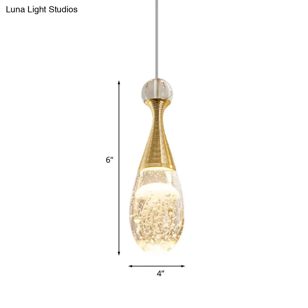 Gold Finish Teardrop Pendant Light With Clear Crystal And Led