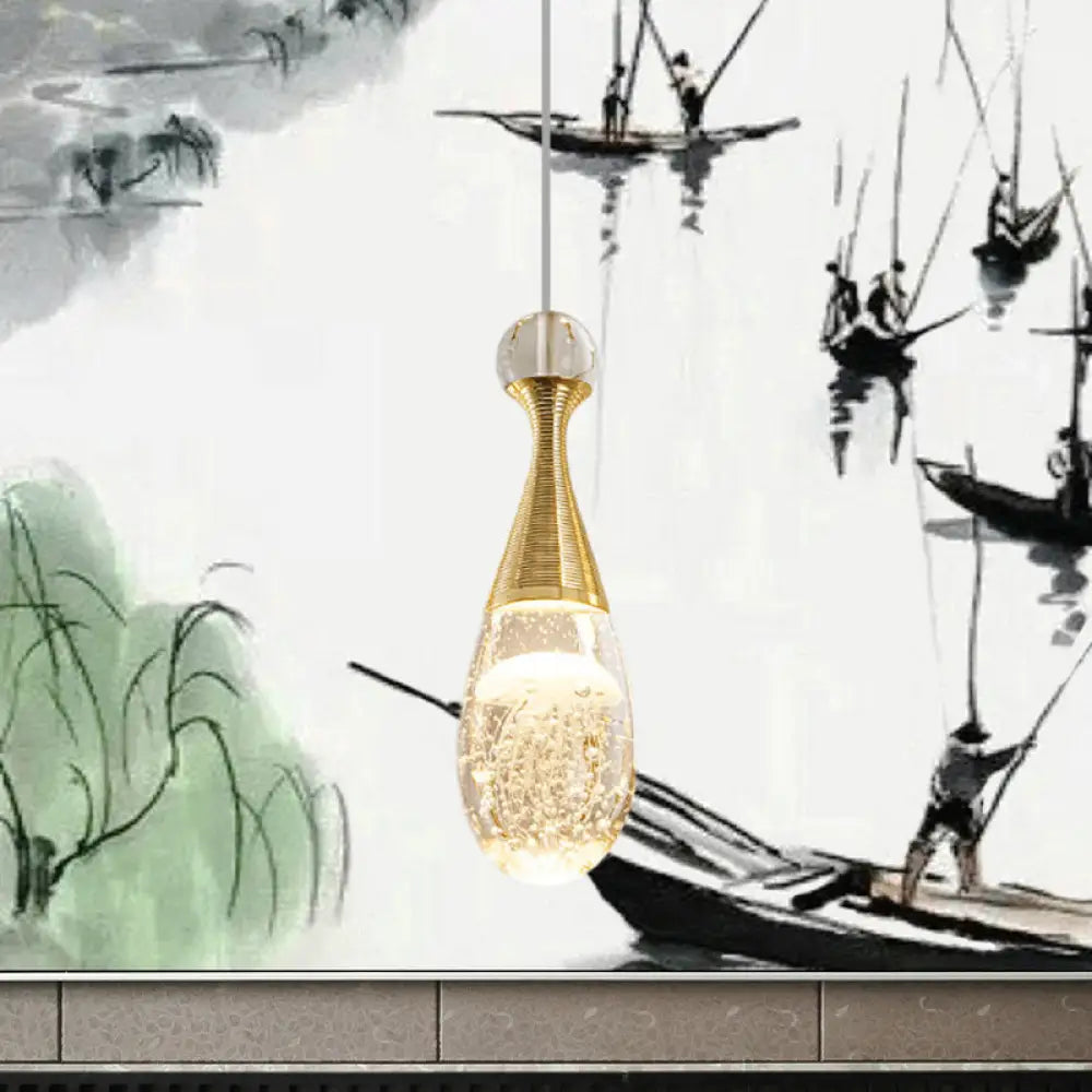 Gold Finish Teardrop Pendant Light With Clear Crystal And Led