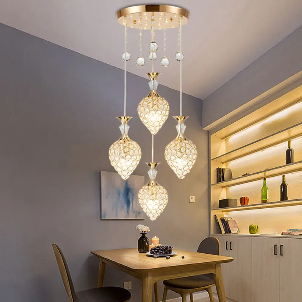 Gold Finish Teardrop Pendant With Crystal Cluster & Modernist Design - 3 Bulb Hanging Ceiling Light