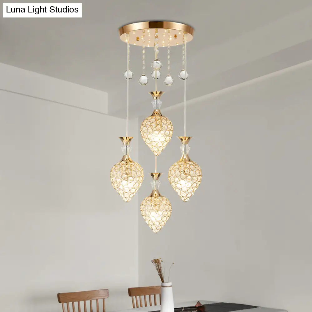 Gold Finish Teardrop Pendant With Crystal Cluster & Modernist Design - 3 Bulb Hanging Ceiling Light