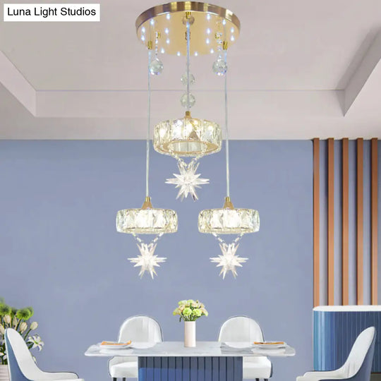 Simple Style Crystal Multi Pendant Light With Star Design - 3-Head Gold Finish Ceiling Hang Fixture