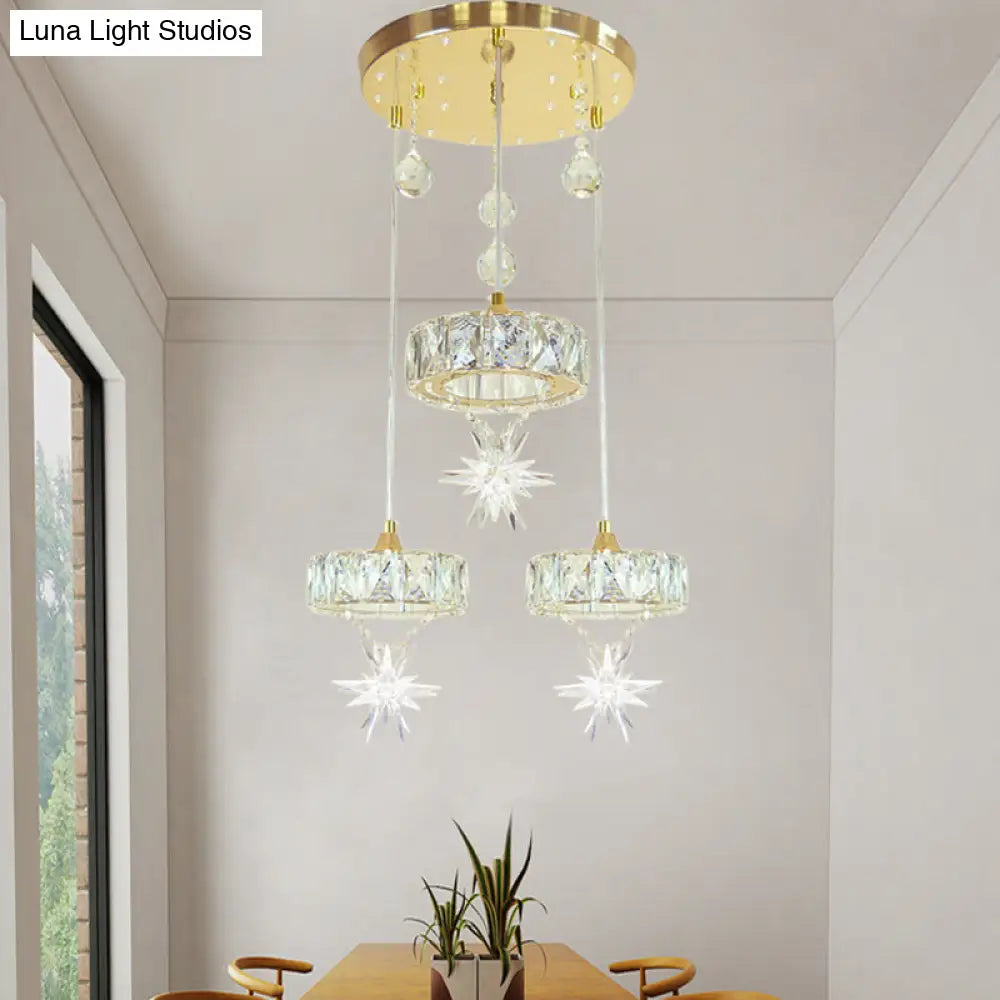 Simple Style Crystal Multi Pendant Light With Star Design - 3-Head Gold Finish Ceiling Hang Fixture