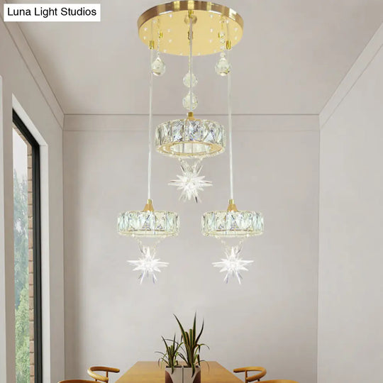 Simple Style Crystal Multi Pendant Light With Star Design - 3-Head Gold Finish Ceiling Hang Fixture