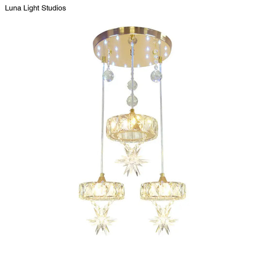 Simple Style Crystal Multi Pendant Light With Star Design - 3-Head Gold Finish Ceiling Hang Fixture