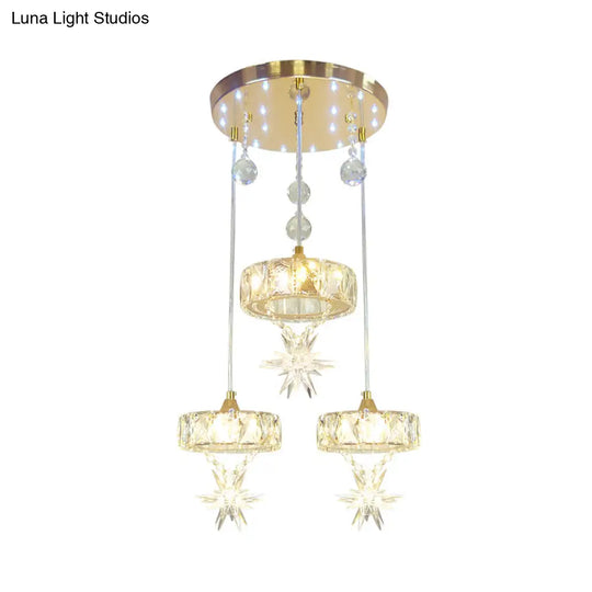 Gold Finished Crystal Pendant Light With Star Design - 3 Head Simple Style