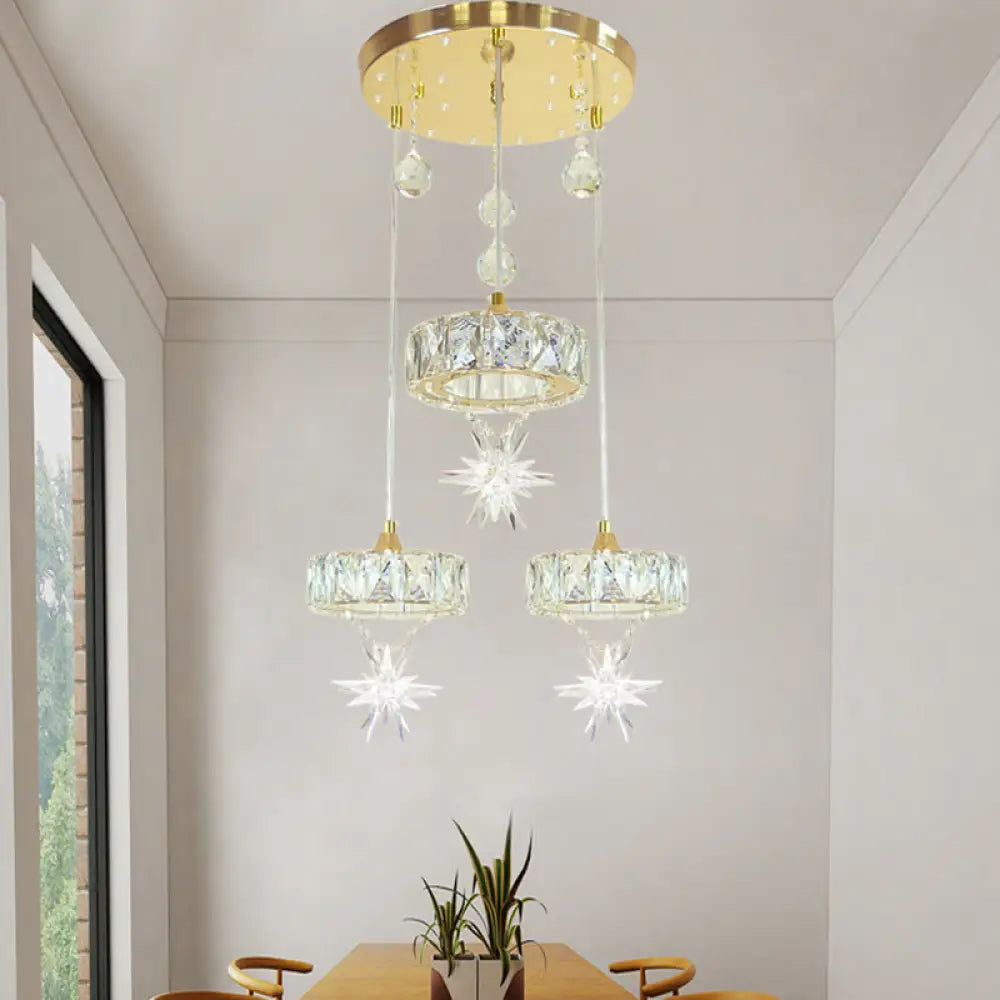 Gold Finished Crystal Pendant Light With Star Design - 3 Head Simple Style