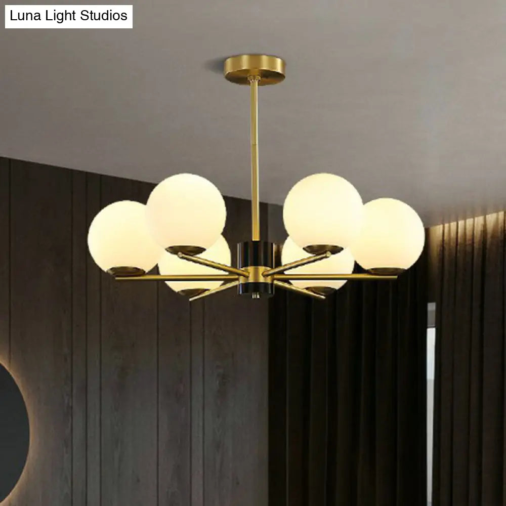 Gold-Finished Radial Design Chandelier With Milk Glass Globe For Stylish Hanging Light