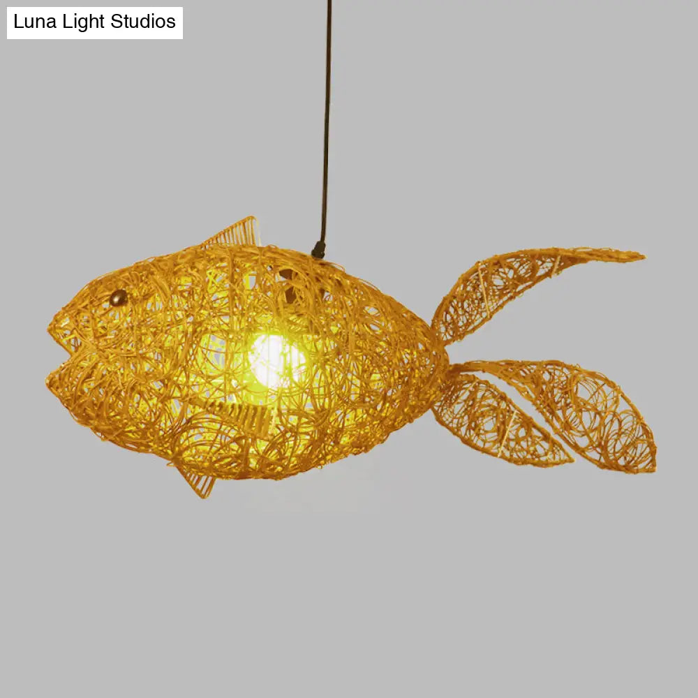 Gold Fish-Shape Rattan Pendulum Light: Asian Style 1-Light Ceiling Lamp For Living Room