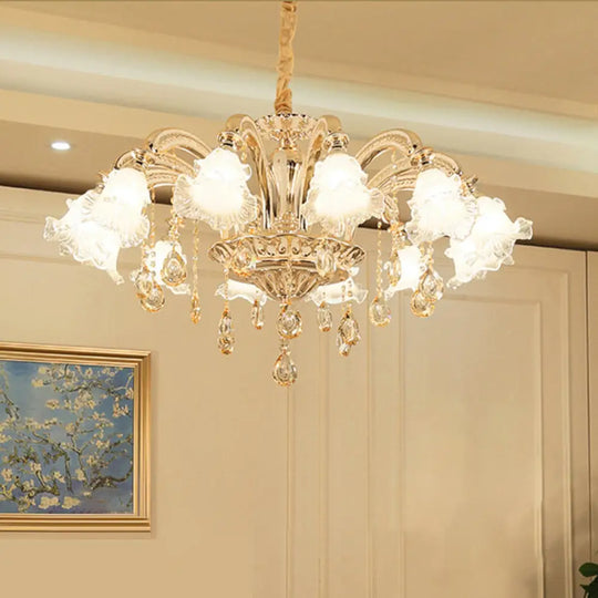 Gold Flared Chandelier With Crystal Accents - Classic Ruffle Glass Pendant Light For Living Room 12